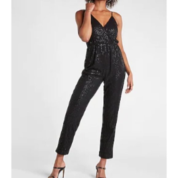 Express Pants - Metallic Dot Faux Wrap Cami Jumpsuit - Pitch Black (Sz Sm)